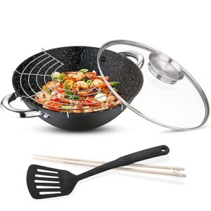 RENBERG Wasabi Wok | Padella Wok con Rivestimento in Marmo e Coperchio in Vetro |
