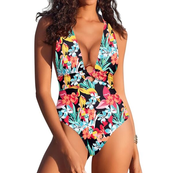 AI'MAGE Costume da Bagno Intero da Donna con Scollo a V Curvy Monokini Swimwear Fiori Colorati A M