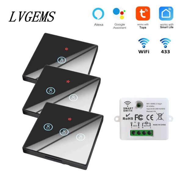 Tuya Wireless Wifi Smart Switch 1/2/3 Gang Touch Pannello in vetro Modulo intelligente