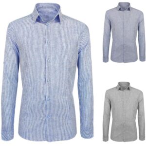 Camicia Uomo Elegante Misto Lino Righe Camicie Manica Lunga Casual VEQUE