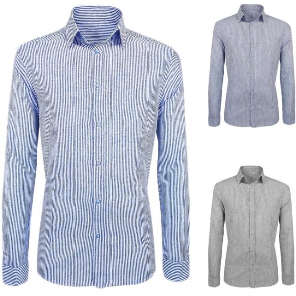 Camicia Uomo Elegante Misto Lino Righe Camicie Manica Lunga Casual VEQUE