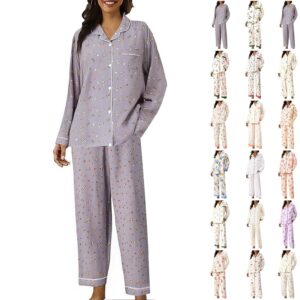 DUHGBNE Pigiama Lungo Donna Cotone Set Pigiama Donna Cotone Lungo Scollo a V Bottoni