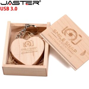 JASTER 64GB Scatola di imballaggio USB 3.0 a forma di cuore in legno Chiavetta USB