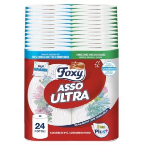 Foxy Asso Ultra |Asciugatutto 24 rotoli| Veli Plus+ Assorbenti e Resistenti | Decorato|100%