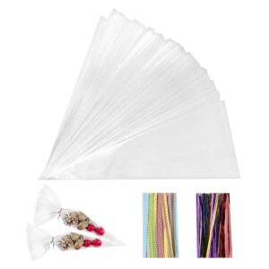 200 Sacchetti di Cellophane Trasparenti 25 x 13 cm Con 200 Nastri Metallici