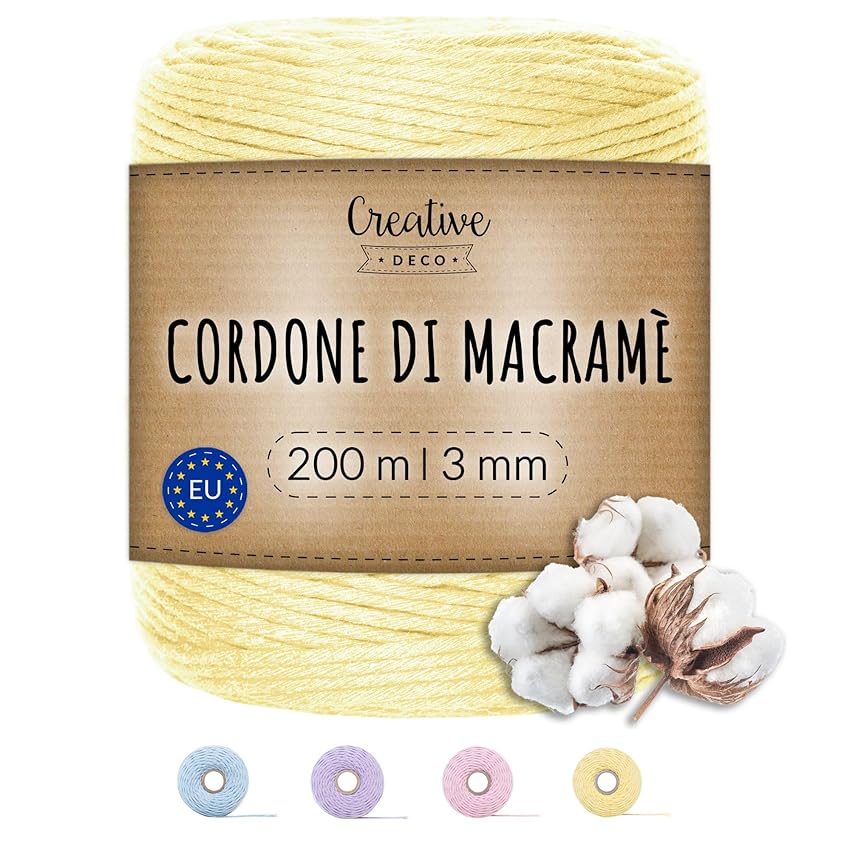 Creative Deco 3mm/200m Corda Macrame Giallo Pastello | Spago di Cotone Creative Deco 3mm/200m Corda Macrame Giallo Pastello | Spago di Cotone