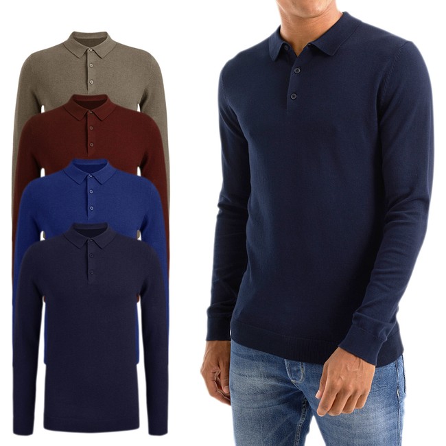 Maglione Polo Uomo Invernale Lana Cashmere Maglia Colletto Tre Bottoni VEQUE