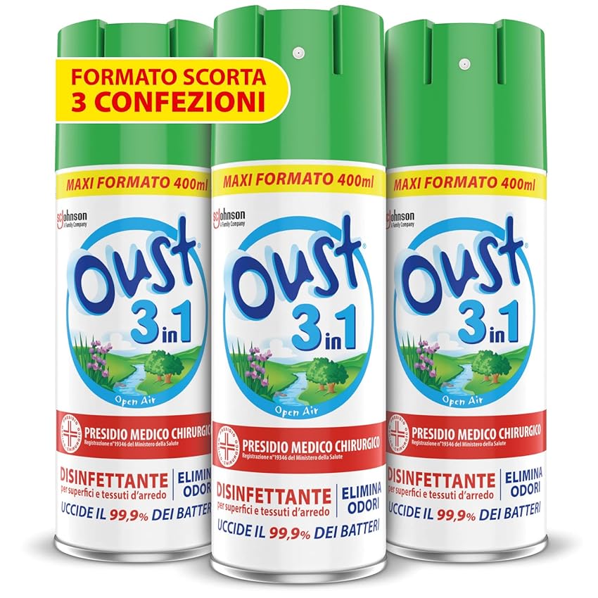 OUST 3in1 Spray Elimina Odori Disinfettante - 3 Confezioni da 400ml