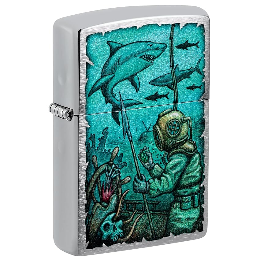Zippo Accendino tascabile in cromo spazzolato con squalo nautico Zippo Accendino tascabile in cromo spazzolato con squalo nautico