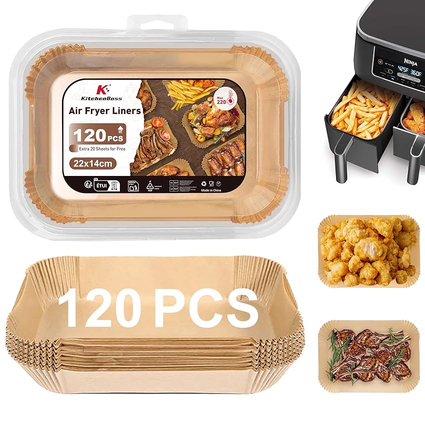 KitchenBoss Carta Forno per Friggitrice ad Aria: 120 Pezzi Rettangolare Carta Forno Fogli 22 x 14cm