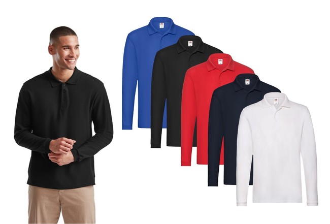polo uomo FRUIT OF THE LOOM 100% cotone manica lunga bottoni PREMIUM 5 colori