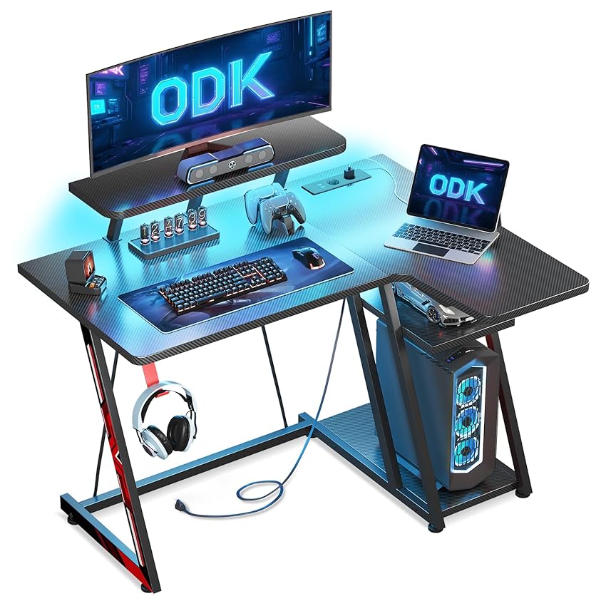 ODK Scrivania Gaming Angolare con Luci LED e Prese di Corrente