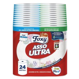 Foxy Asso Ultra |Asciugatutto 24 rotoli| Veli Plus+ Assorbenti e Resistenti | Decorato|100%