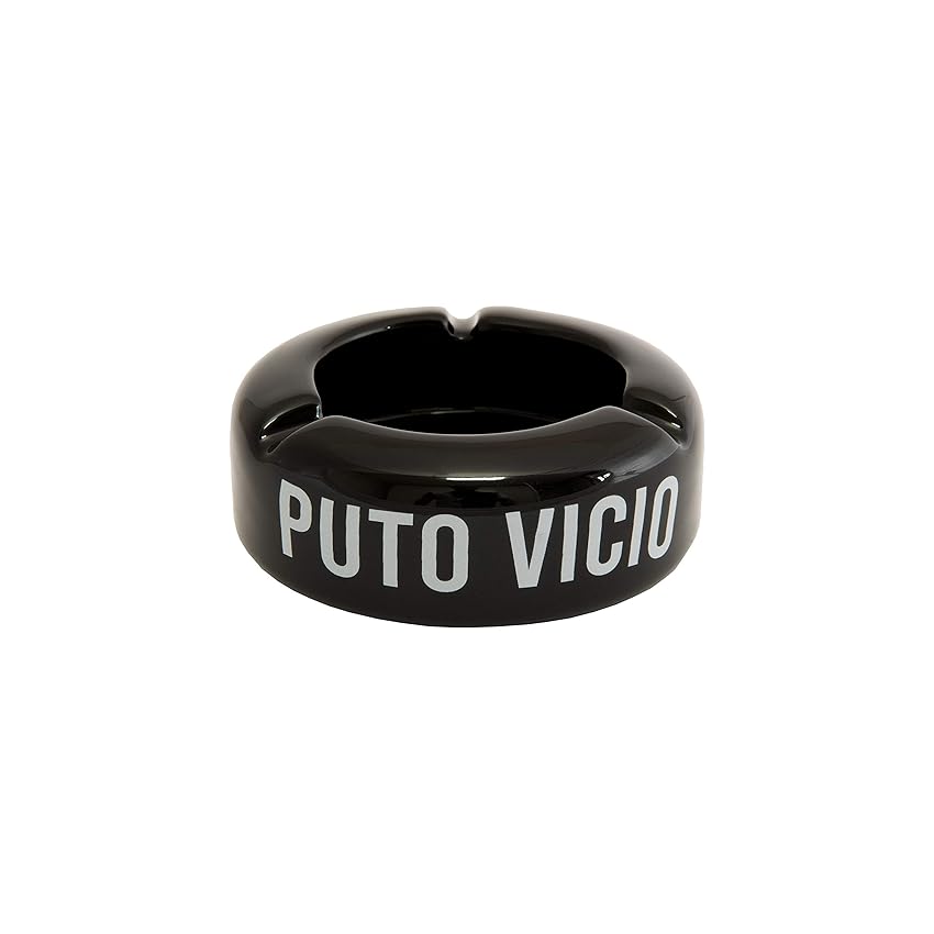 FISURA - Posacenere da tavolo nero con messaggio 'p*to vizio'. Design con frase divertente.