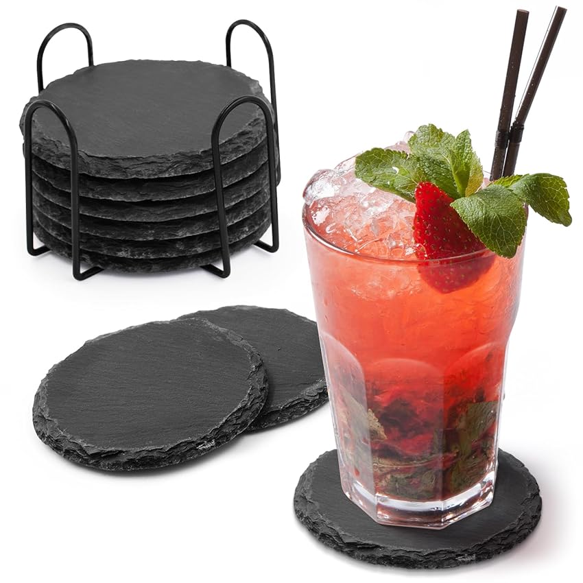 Joeji's Kitchen Slate Coaster Set di 8 sottobicchieri neri di alta qualità con supporto elegante