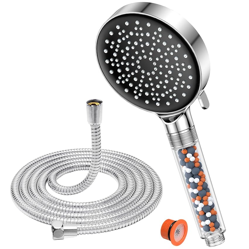 YEAUPE Soffione Doccia con Filtro Anticalcare 6 Funzioni - Tubo 1.6m