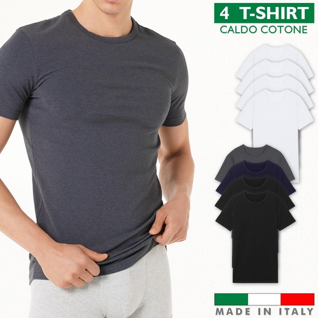 Set 4 T-Shirt Caldo Cotone Uomo Maglia Intima Maniche Corte Girocollo VEQUE