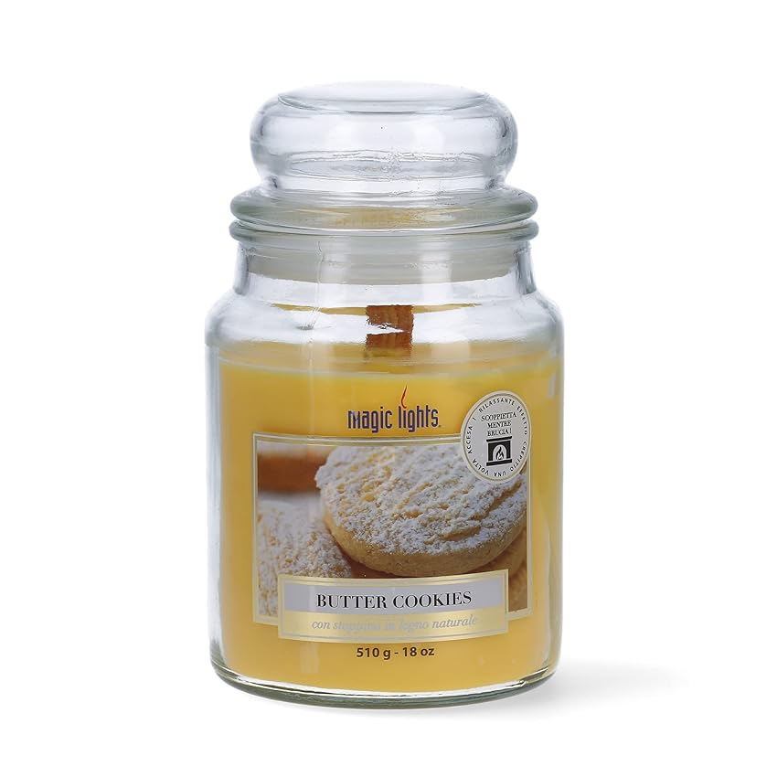 Magic Lights Candela con Stoppino in Legno che Scoppietta - 510g Vaniglia Butter Cookies
