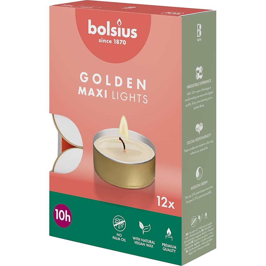Candele tealight maxi Bolsius con contenitore dorato – 12 pezzi – 10 ore di combustione Candele tealight maxi Bolsius con contenitore dorato – 12 pezzi – 10 ore di combustione