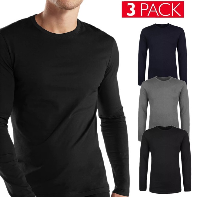 Set 3 Pezzi Shirt Uomo Manica Lunga Girocollo Maglia Caldo Cotone Felpato VEQUE