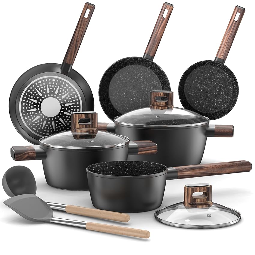 Set Pentole Induzione - 11 Pcs Batteria Pentole e Padelle Antiaderenti Per Tutti i Piani Cottura