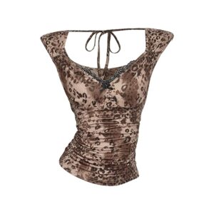 T-shirt da donna leopardata vintage ghepardo increspato in pizzo aderente magliette ritagliate