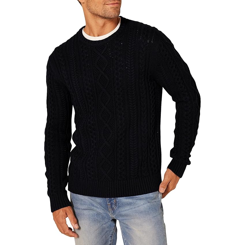 Amazon Essentials Maglione da Pescatore Girocollo a Coste a Manica Lunga in Cotone 100% Uomo