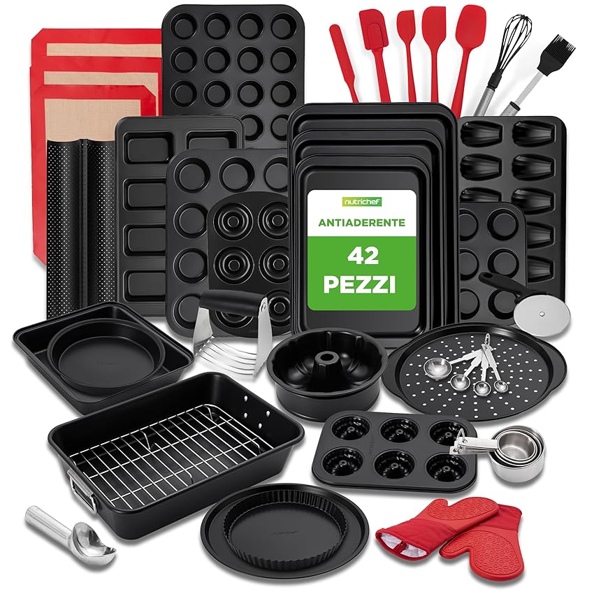 NutriChef Set Teglie Forno 42 Pezzi Antiaderenti in Acciaio al Carbonio