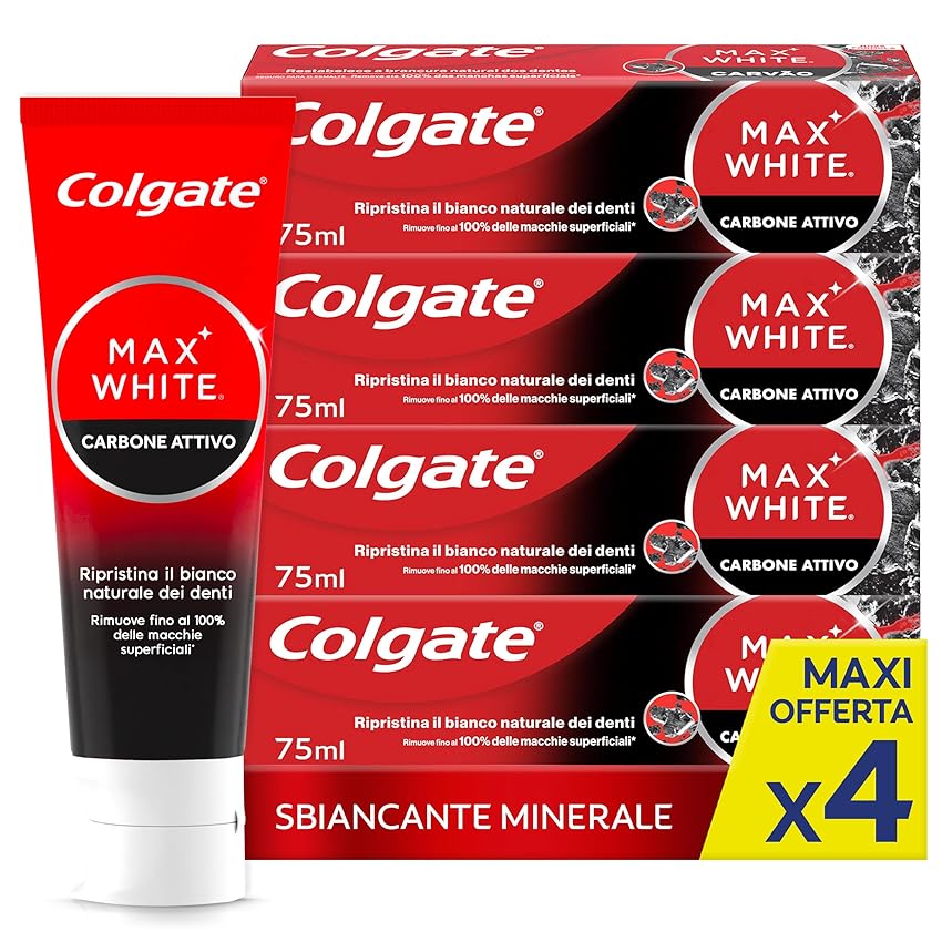 Colgate Dentifricio Sbiancante Max White Carbon 4 Confezioni da 75 ml I Dentifricio