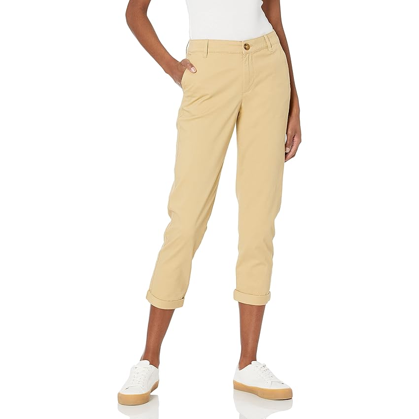 Amazon Essentials Pantaloni Color Kaki Cropped Elasticizzati a Vita Media con Gamba Affusolata