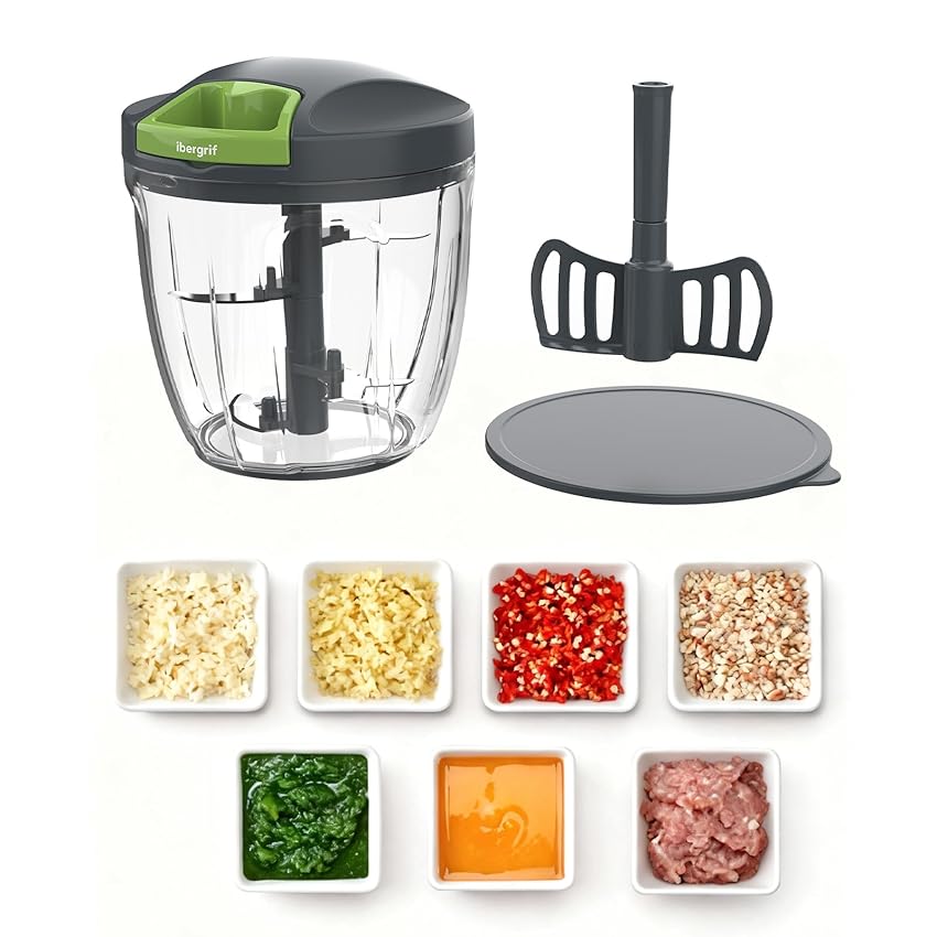 Ibergrif Tritatutto Manuale a Corda 900 ml con Lame in Acciaio Inox e Paletta