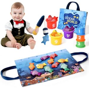 Tokiyis Gioco Montessori Pesca per Bambini 1-3 Anni - 12 Pesci Morbidi con Retino