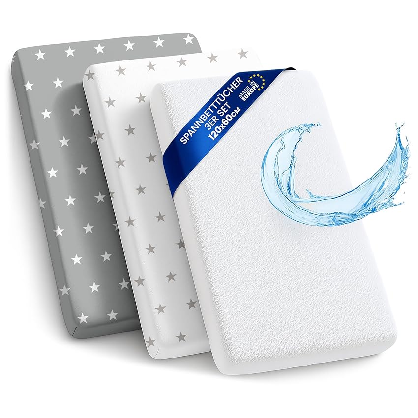 Lenzuola con angoli per passeggino Set di 3: 60x120 cm - 2 lenzuola + 1 coprimaterasso impermeabile