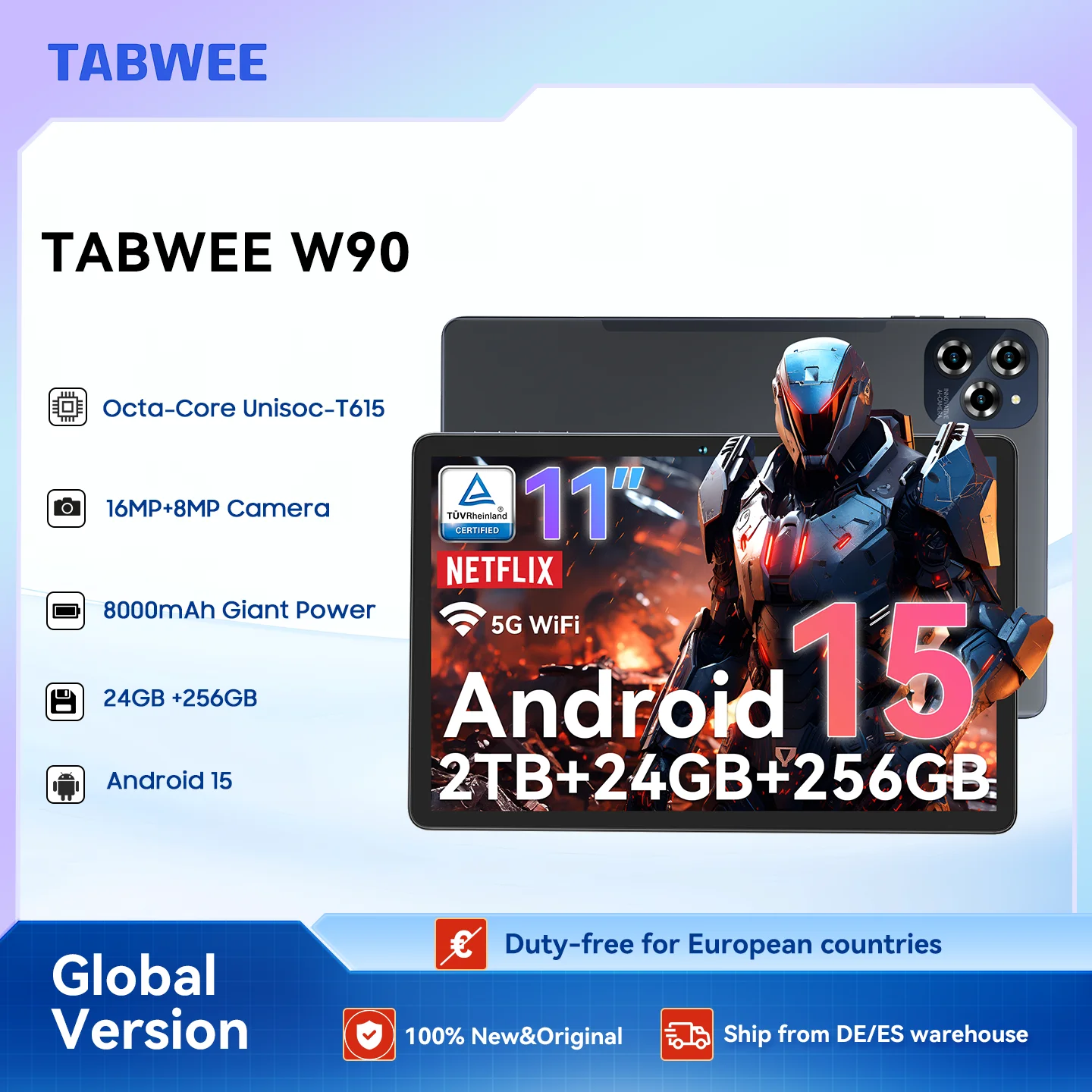TABWEE W90 Tablet Android 15 da 11 pollici - 24 GB di RAM 256 GB di ROM