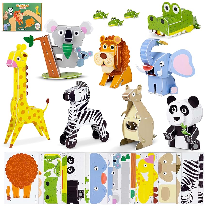 BONNYCO Puzzle 3D Bambini Animali della Giungla Pack 8. Giochi Bambini Educativi Giocattoli