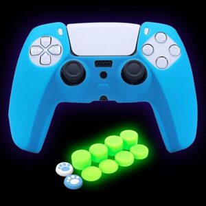 HLRAO Custodia protettiva in silicone blu per controller PS5 con 8 tappi fosforescenti
