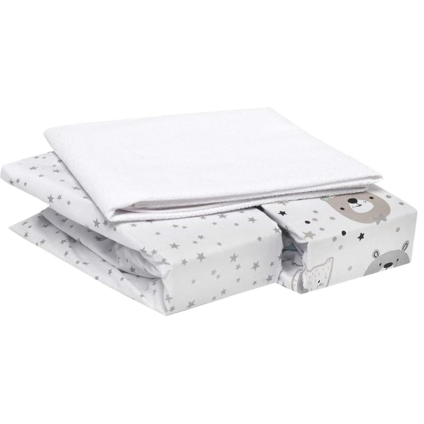 FlyIdeas Set 2 Lenzuola Navicella Neonato 75x35 cm + 1 Coprimaterasso Carrozzina Impermeabile