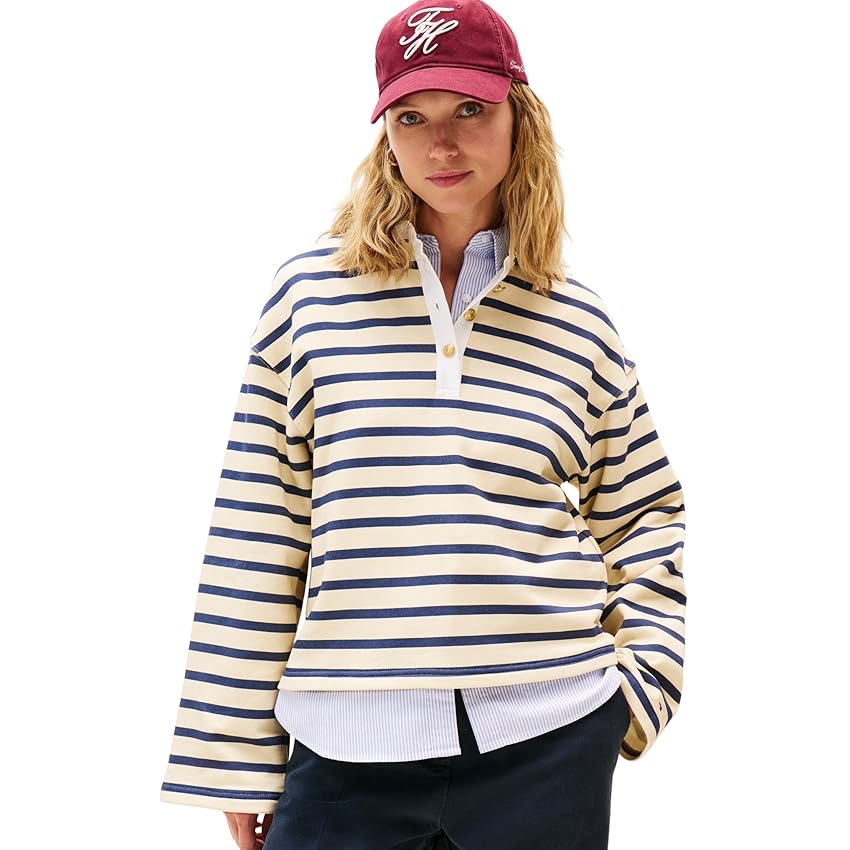 Tommy Hilfiger Donna Pullover Gold Button Rugby Terry con Colletto a Punta Tommy Hilfiger Donna Pullover Gold Button Rugby Terry con Colletto a Punta