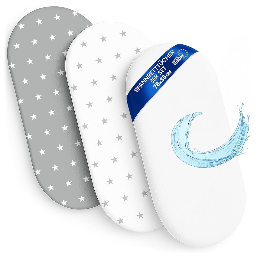 Lenzuola con angoli per passeggino Set di 3: 36x78 cm - 2 lenzuola + 1 coprimaterasso impermeabile