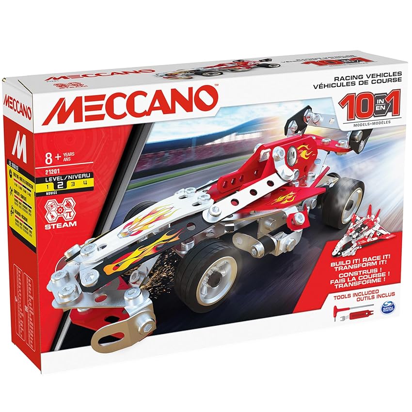 BANDAI - Meccano Veicoli da corsa 10 in 1 - Kit di Costruzione 10 Modelli