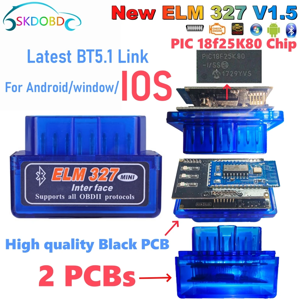 Ultima versione Mini ELM327 V1.5 per IOS Android Bluetooth 5.1 Auto Scanner OBD2 Nero