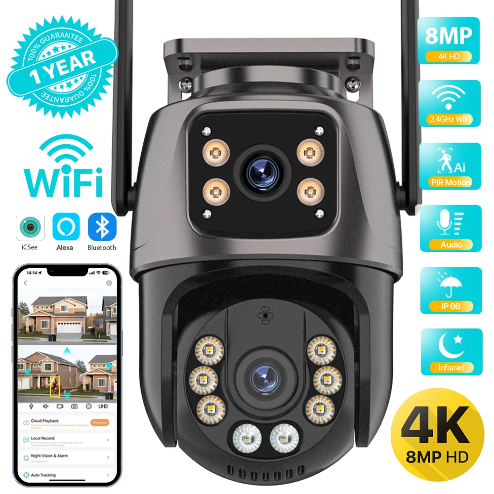 4K 8MP HD Wifi PTZ Telecamera Esterna 4MP Doppia Lente Doppio Schermo AI Auto Tracking