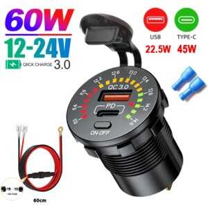 Presa per caricabatterie doppia USB da 45 W con voltmetro LED Interruttore ON OFF