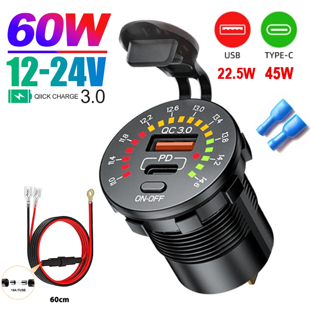 Presa per caricabatterie doppia USB da 45 W con voltmetro LED Interruttore ON OFF