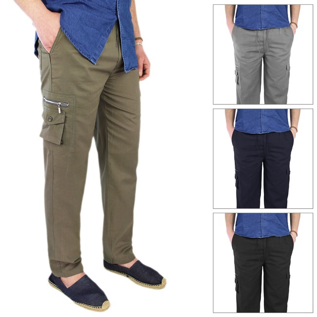 Pantalone Uomo Cargo Cotone Leggero Pantalaccio Da Lavoro Tasconi Laterali VEQUE