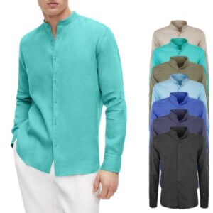 Camicia Uomo Lino Coreana Slim Fit Manica Lunga Casual Collo Coreano VEQUE