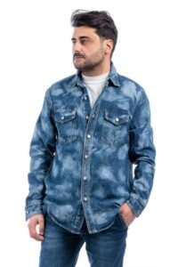 Camicia Jeans Uomo Cotone Leggero Over Size Manica Lunga Taschino Casual VEQUE