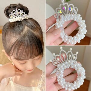 2PC Fashion Pearl Crown Princess Hair Bands elastici elastici bambini Ball Hair Bun