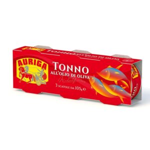 Tonno Auriga all'olio di oliva 105gr. Confezione da 3 lattine. Qualità pinne gialle.