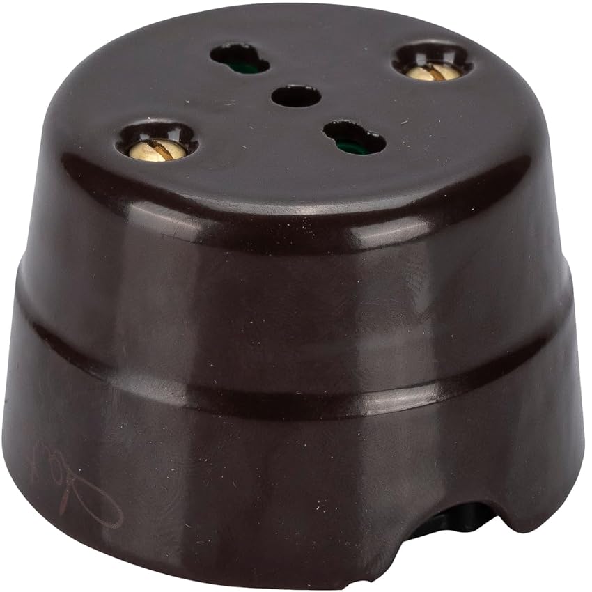 FANTON Presa elettrica bipasso italiana vintage in ceramica colore marrone 2P+T 16A